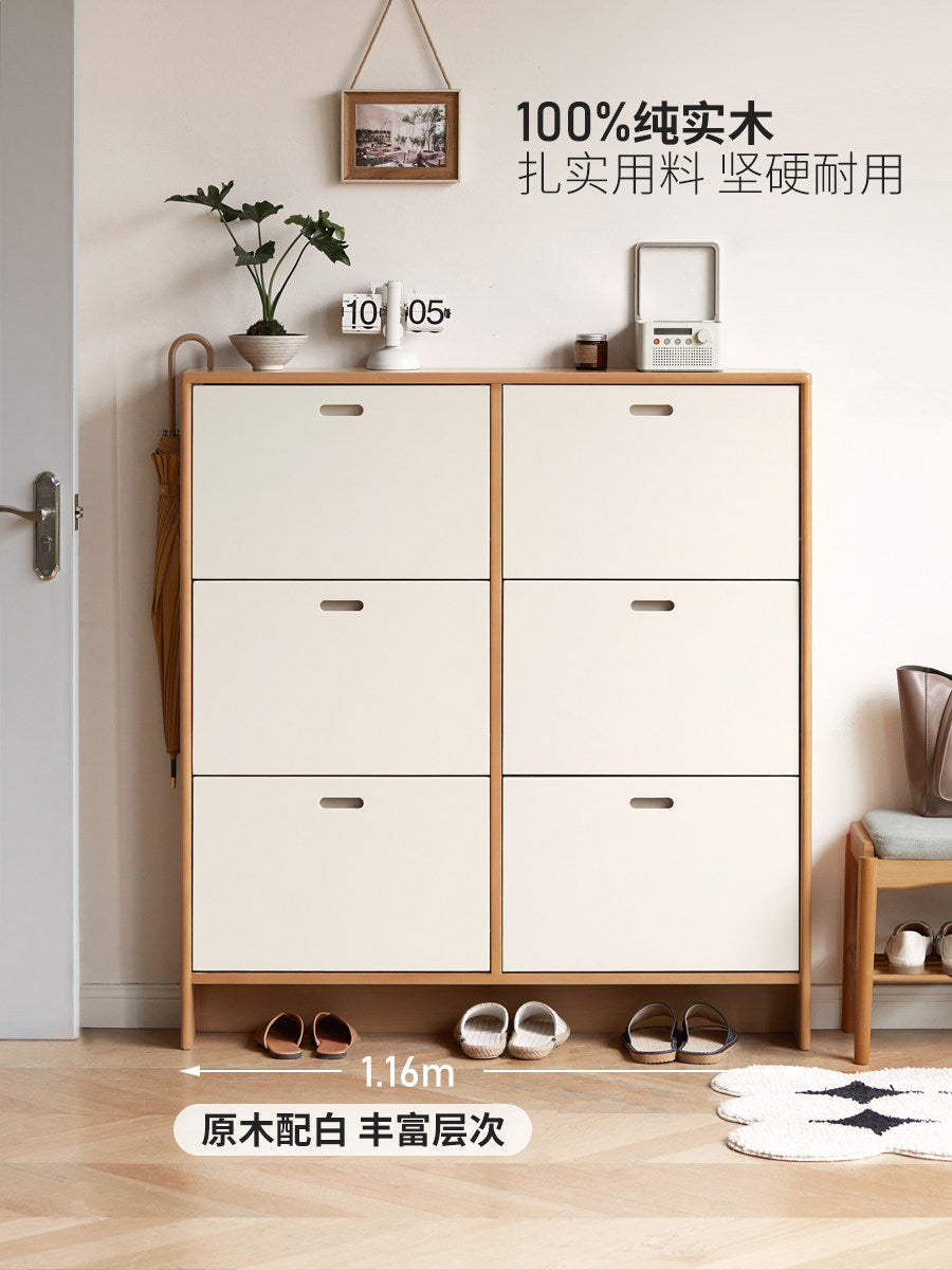 Solid Wood Ultra-Thin Flip-Drawer Shoe Cabinet, Storage Organizer, Wall-Mounted Entryway Shoe Rack and Hallway Cabinet